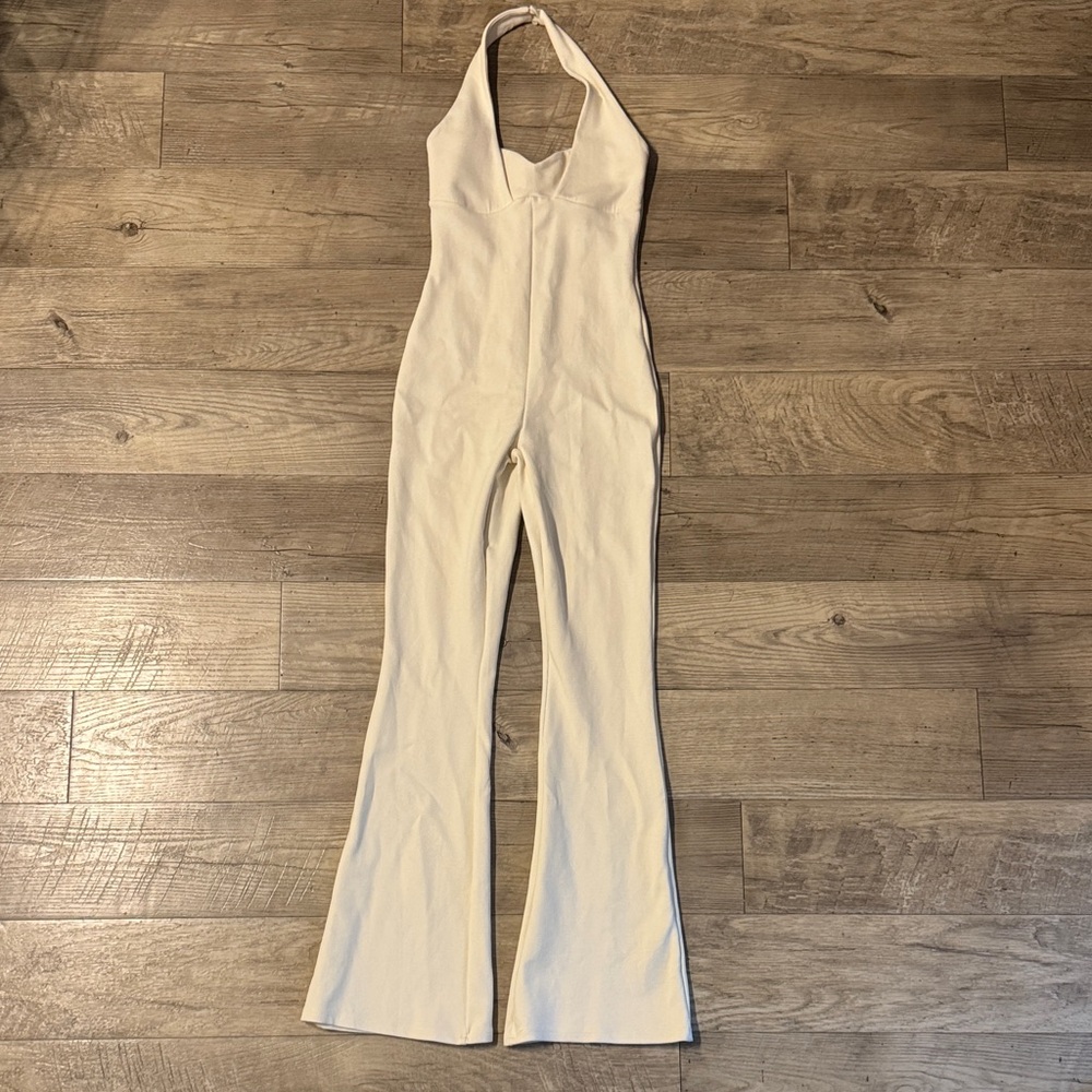 Zara Cream Halter Jumpsuit with Flared Legs